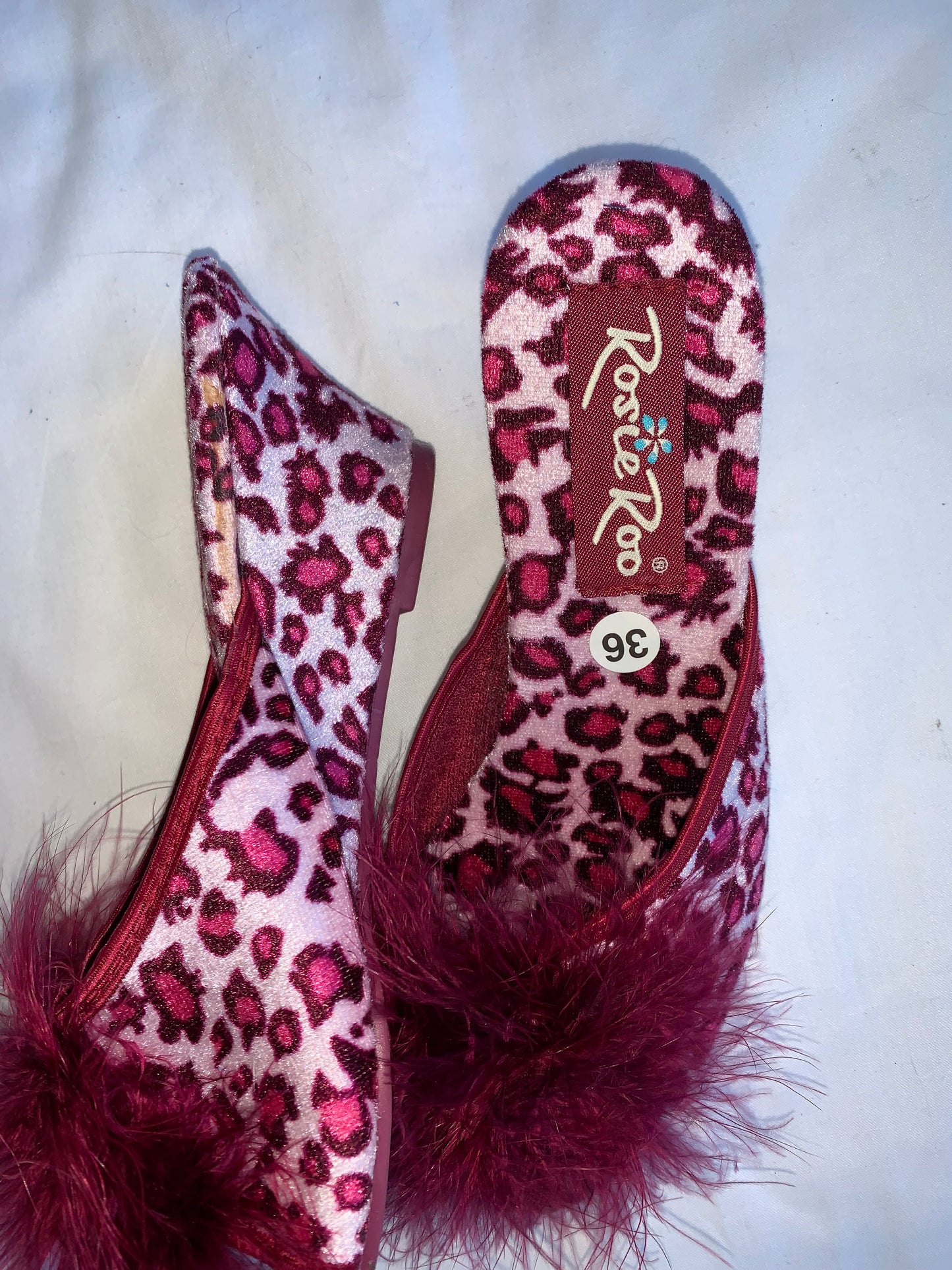 Pink leopard print open toe fluffy heels size 36