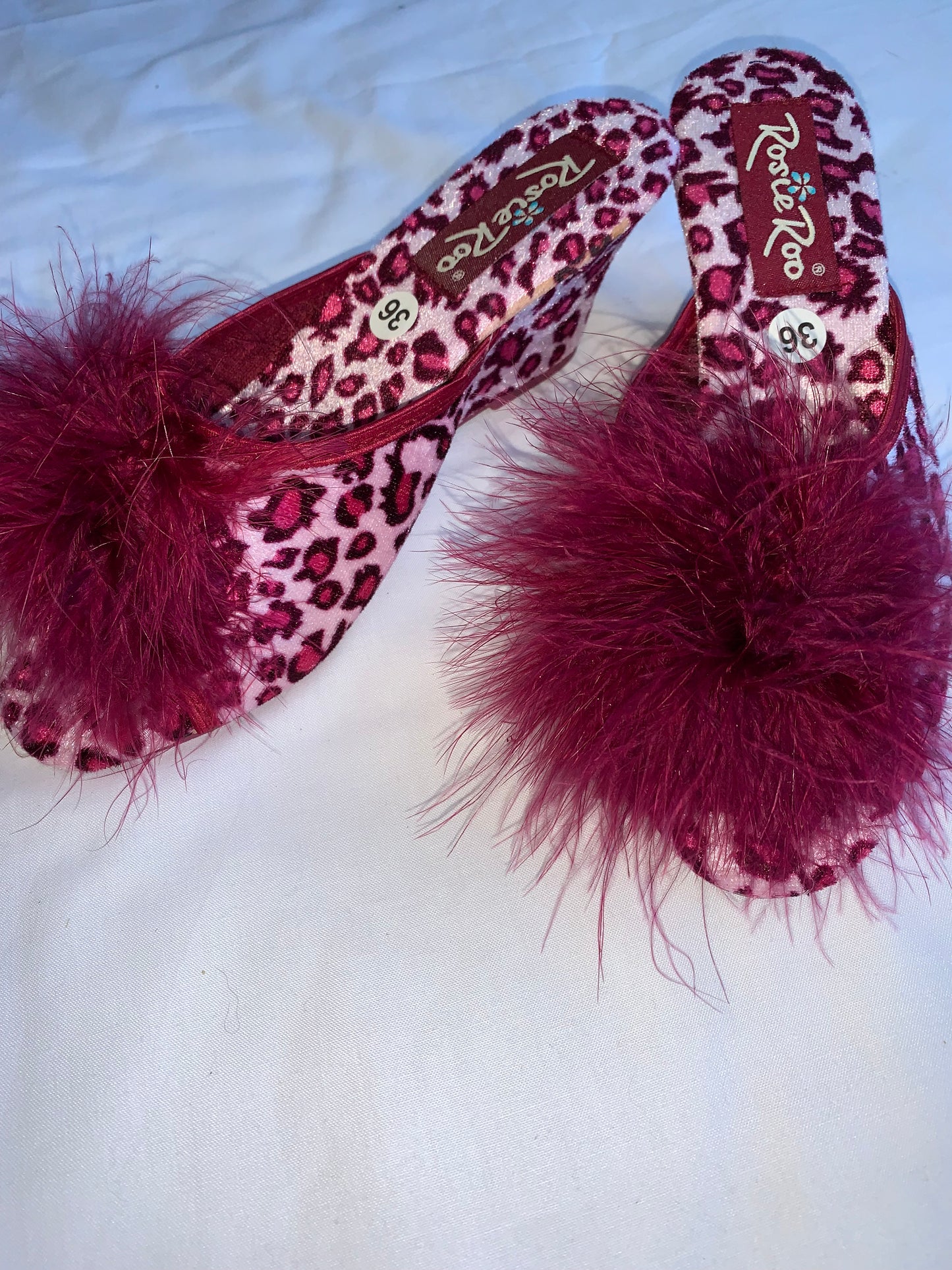 Pink leopard print open toe fluffy heels size 36