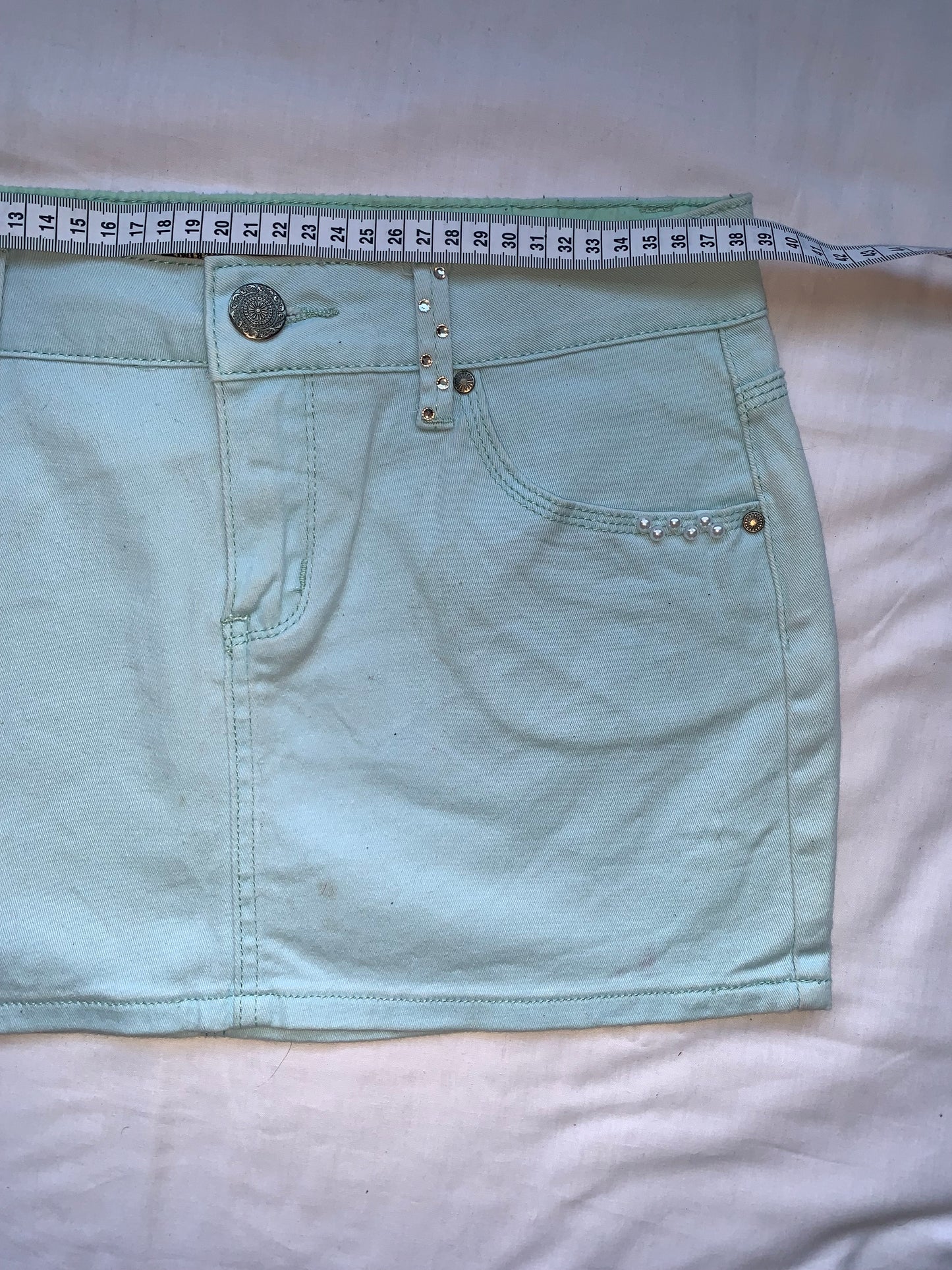 Blue diamente & pearl mini skirt size 10