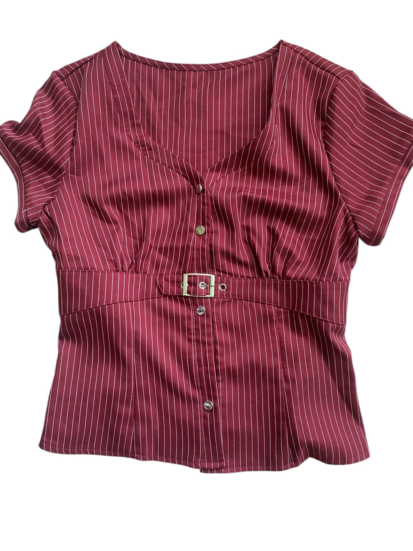 Burgandy pinstripe buckle top size m