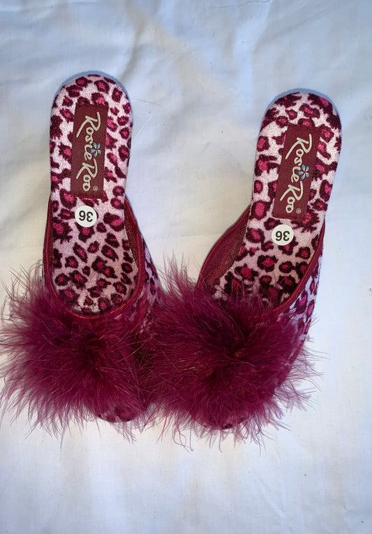 Pink leopard print open toe fluffy heels size 36