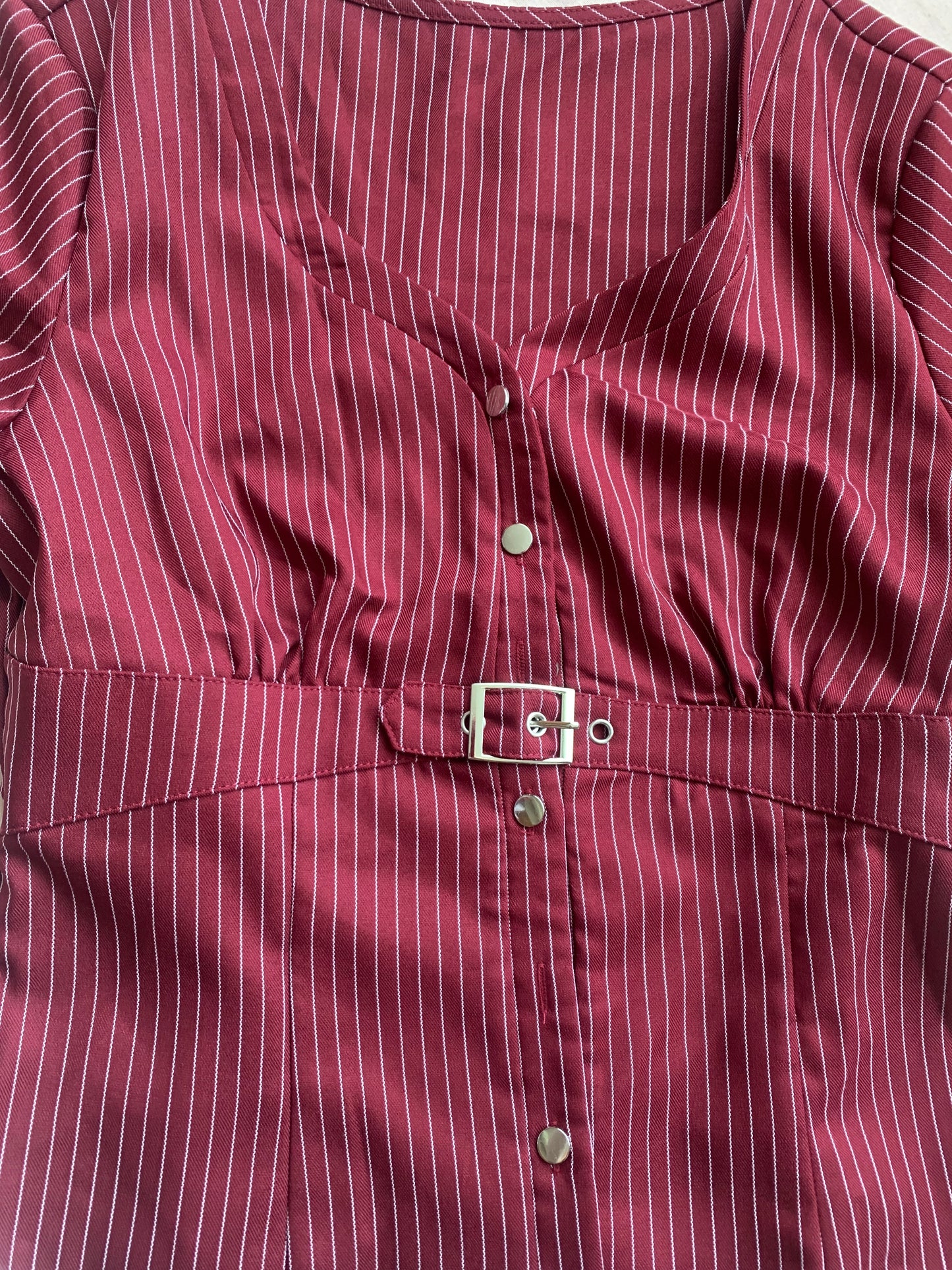 Burgandy pinstripe buckle top size m
